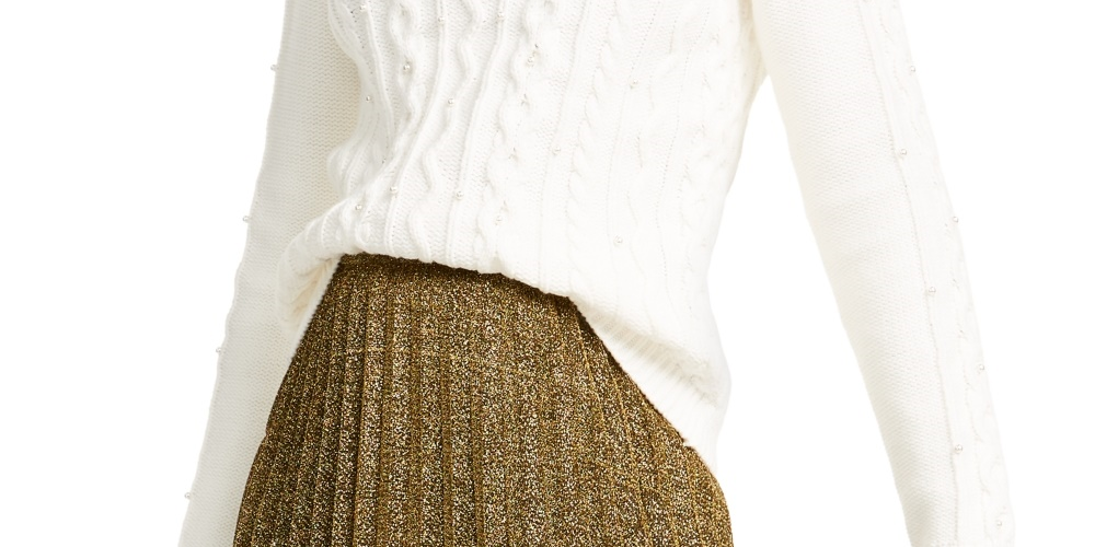 Maison Jules Women's Imitation-Pearl Cable-Knit Sweater White Size X-Large
