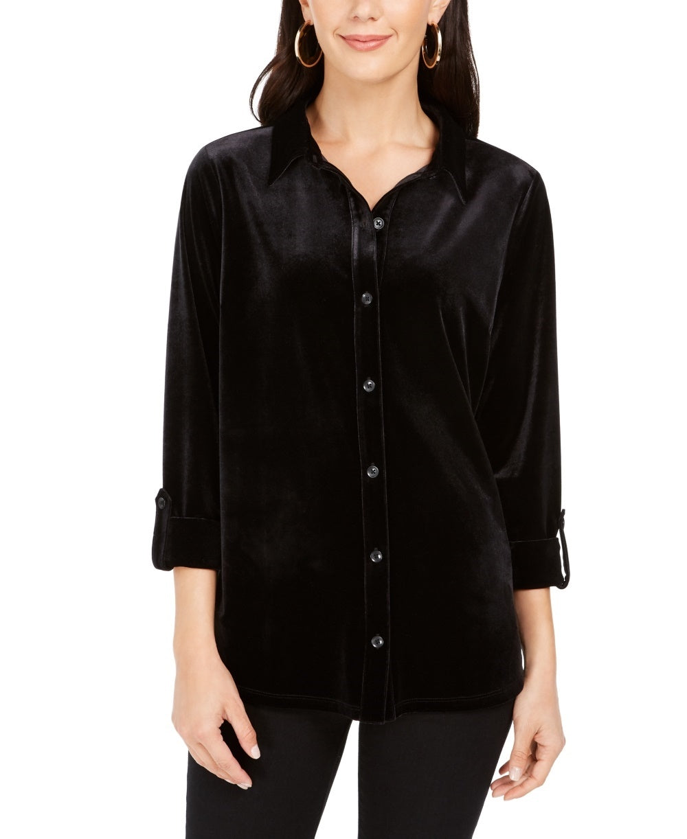 Charter Club Women's Button-Down Velvet Shirt Black Size Small