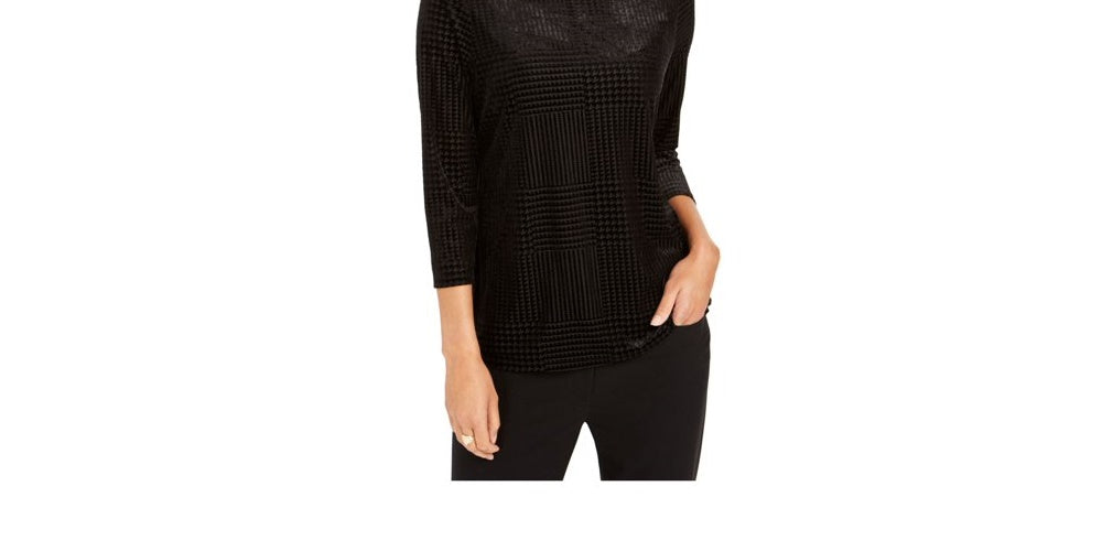 Charter Club Women's Velvet 3/4 Sleeve Jewel Neck Top Black Size Small