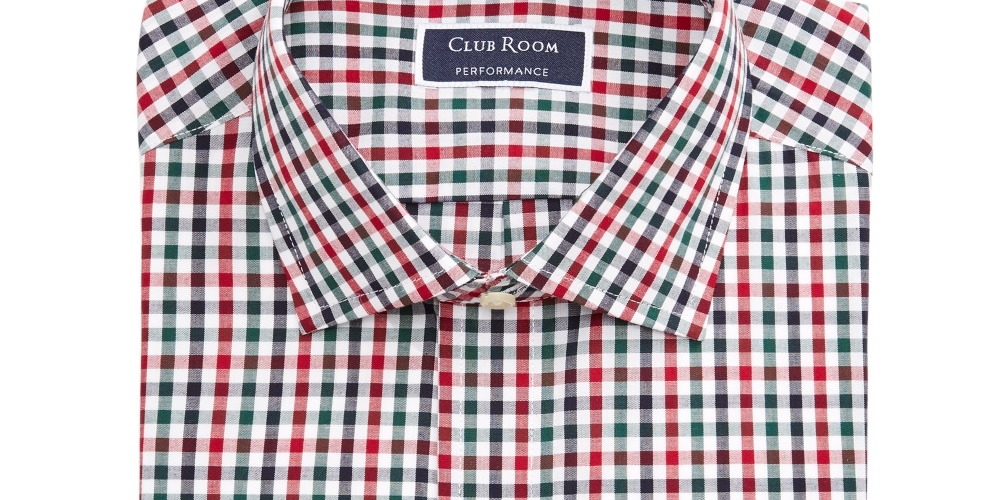 Club Room Men's Dress Shirt Green Holiday Gingham Check Red Size 17.5X32X33