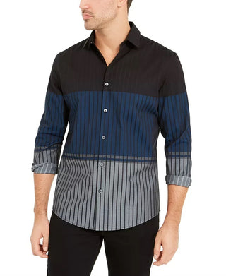 Alfani Men's Classic Fit Colorblocked Ombre Stripe Shirt Navy Size Large