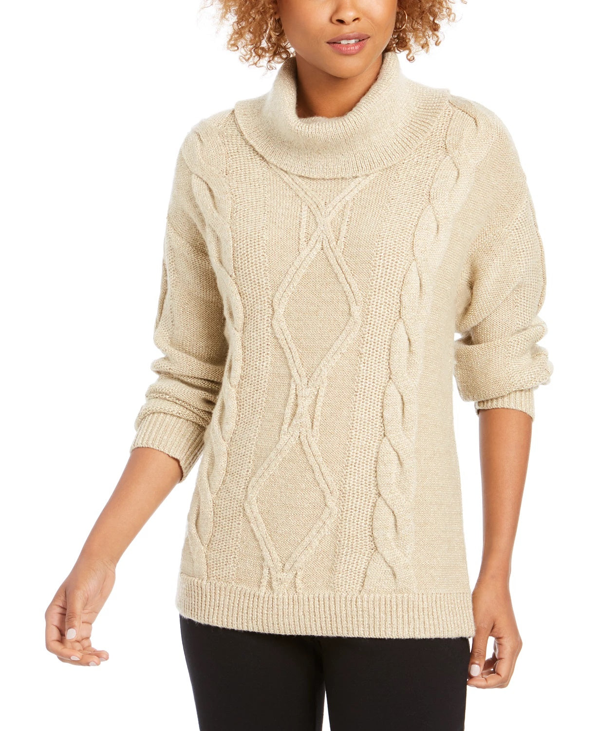 Charter Club Women's Cowl-Neck Cable-Knit Glitter Sweater Natural Size Large