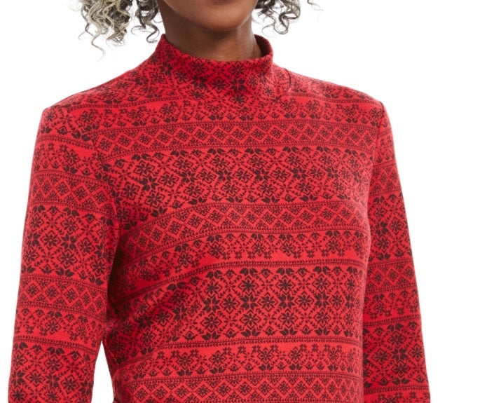 Karen Scott Women's Fair Isle Printed Mock Neck Top Red Size Petite Small