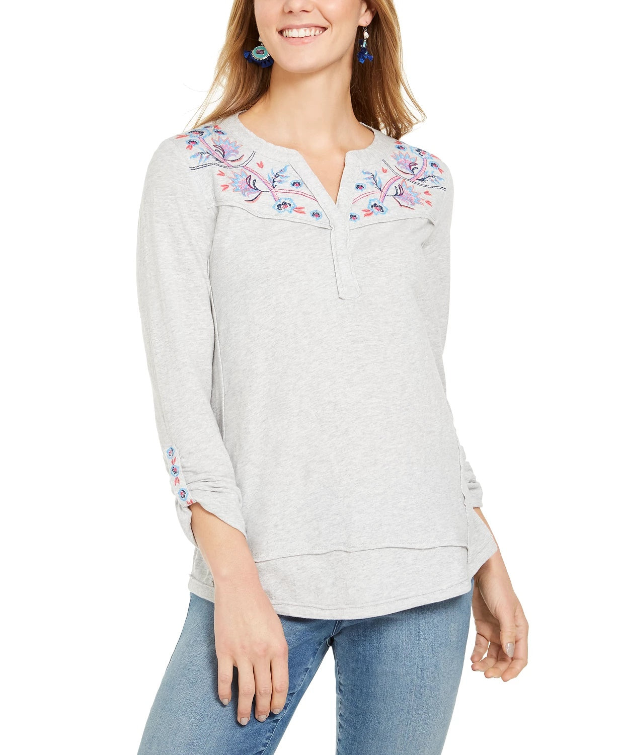 Style & Co Women's Embroidered Top Gray Size Extra Small