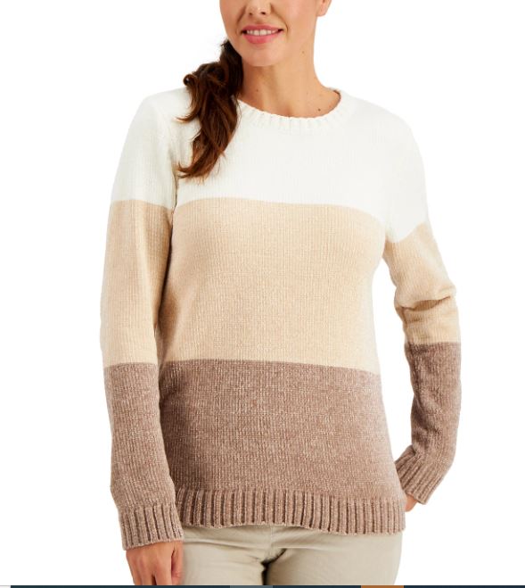 Karen Scott Women's Lucy Colorblocked Chenille Sweater Brown Size Petite Medium