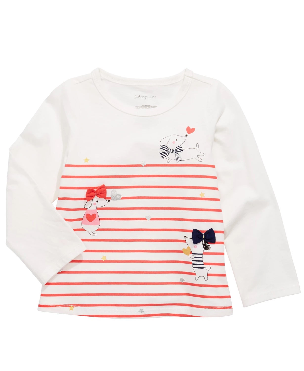 First Impressions Baby Girls Long-Sleeve Striped Dogs T-Shirt White Size 18M