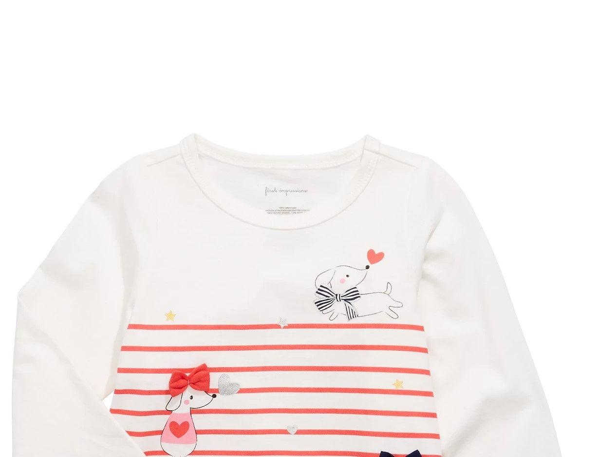First Impressions Baby Girls Long-Sleeve Striped Dogs T-Shirt White Size 18M