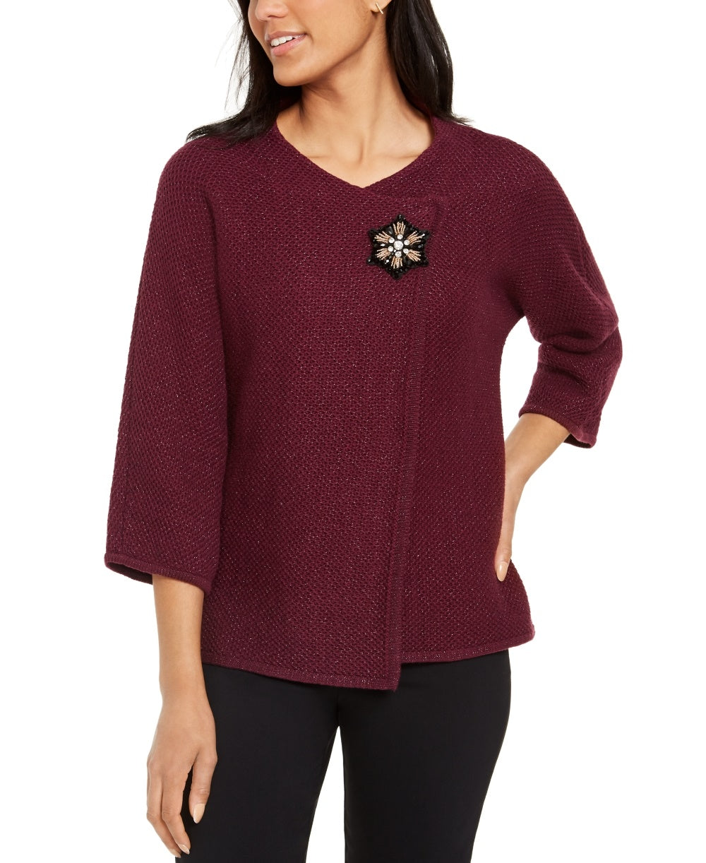 JM Collection Women's Holiday Party Metallic Textured Brooch Sweater Jacket Dark Purple Size X-Large