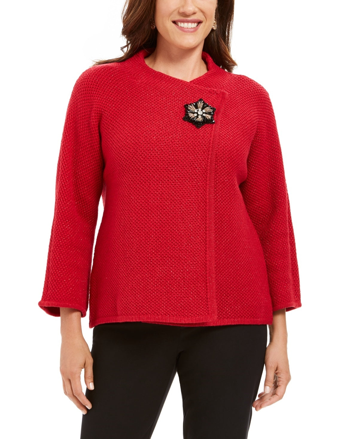 JM Collection Women's Holiday Party Metallic Textured Brooch Sweater Jacket Red Size Medium