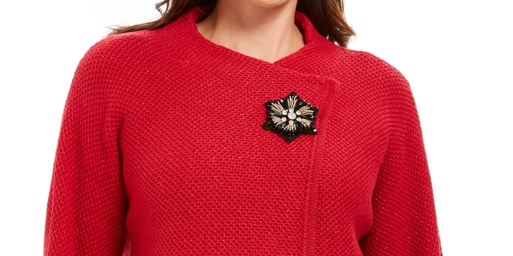 JM Collection Women's Holiday Party Metallic Textured Brooch Sweater Jacket Red Size Medium