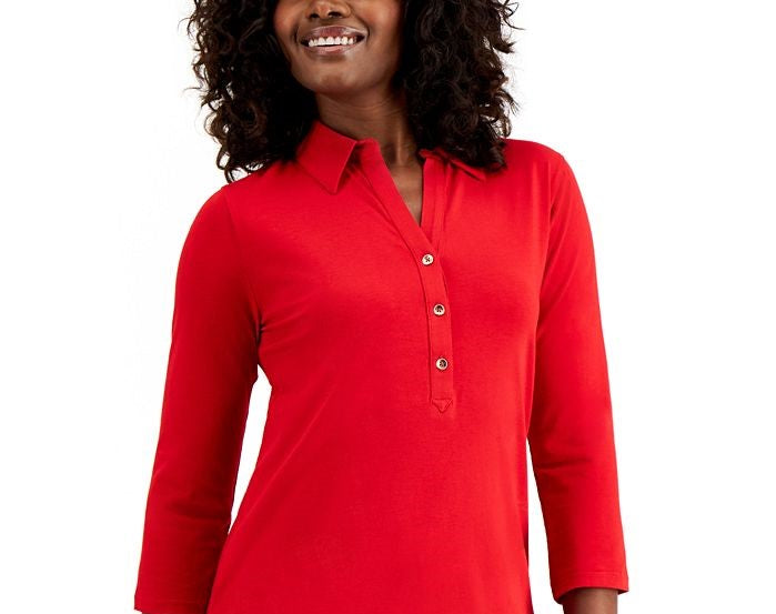 Charter Club Women's Knit Polo Shirt Red - Size Small