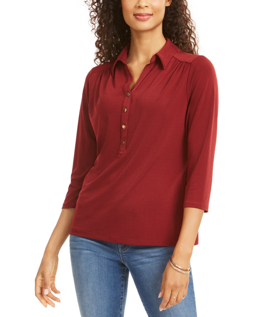 Charter Club Women's 3/4 Sleeve Polo Top Wine Size Petite Medium