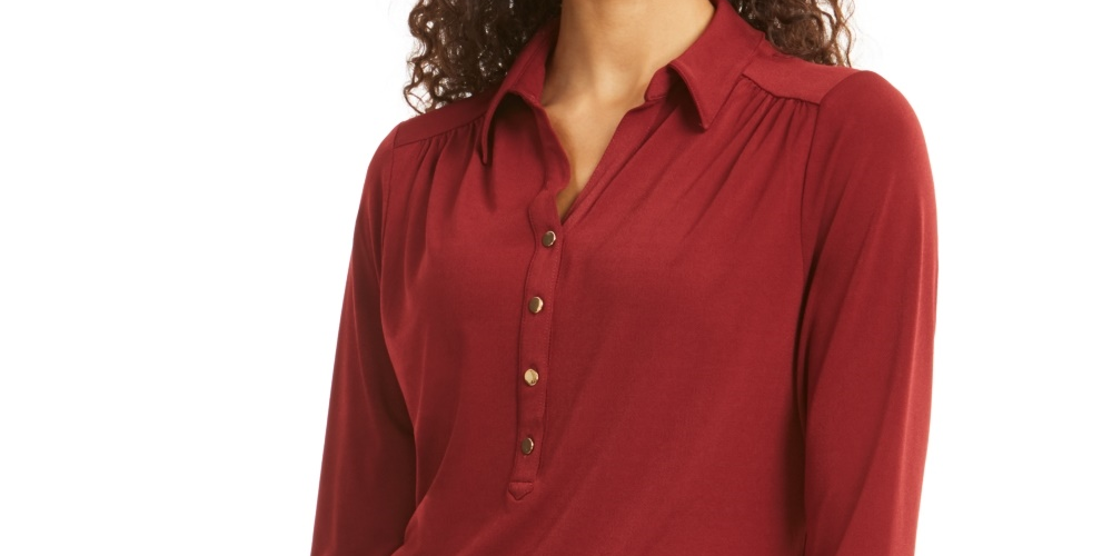 Charter Club Women's 3/4 Sleeve Polo Top Wine Size Petite Medium