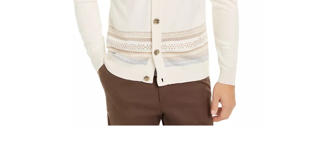 Tasso Elba Men's Geo-Stripe Intarsia-Knit Cardigan White Size Extra Large