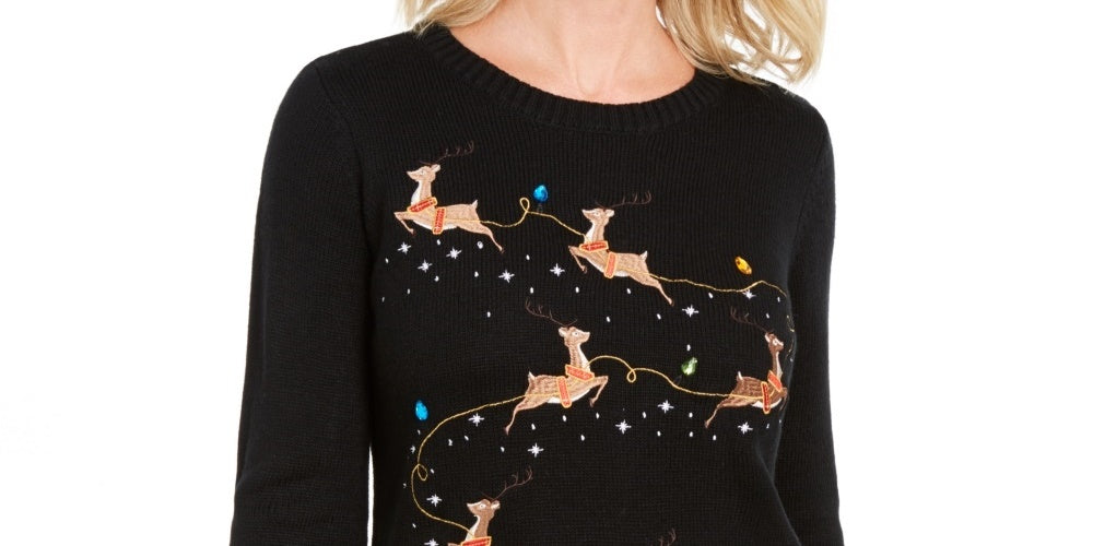 Karen Scott Women's Embroidered Reindeer Sweater  Black Size Small