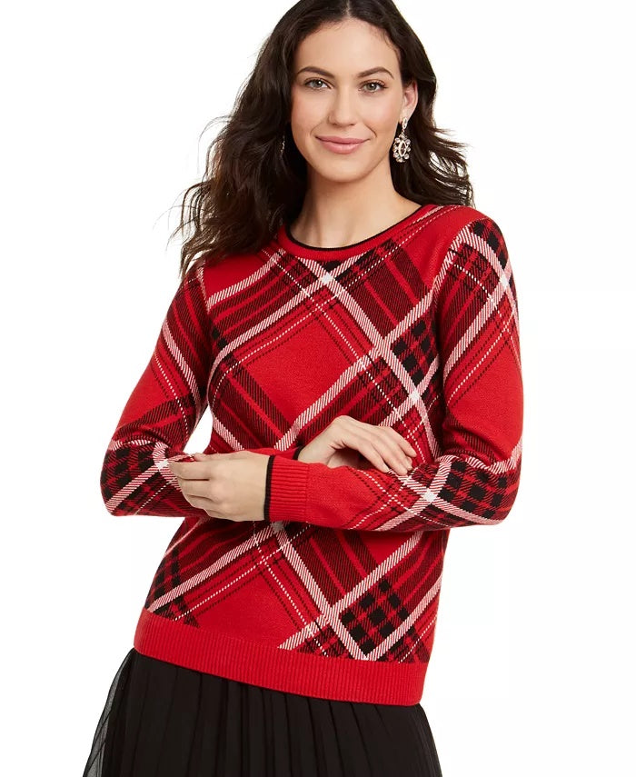 Charter Club Women's Plaid Crewneck Family Sweater Red Size X-Small