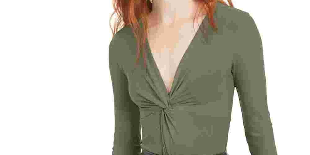 Bar III Women's Long Sleeve V Neck Body Suit Green Size X-Small