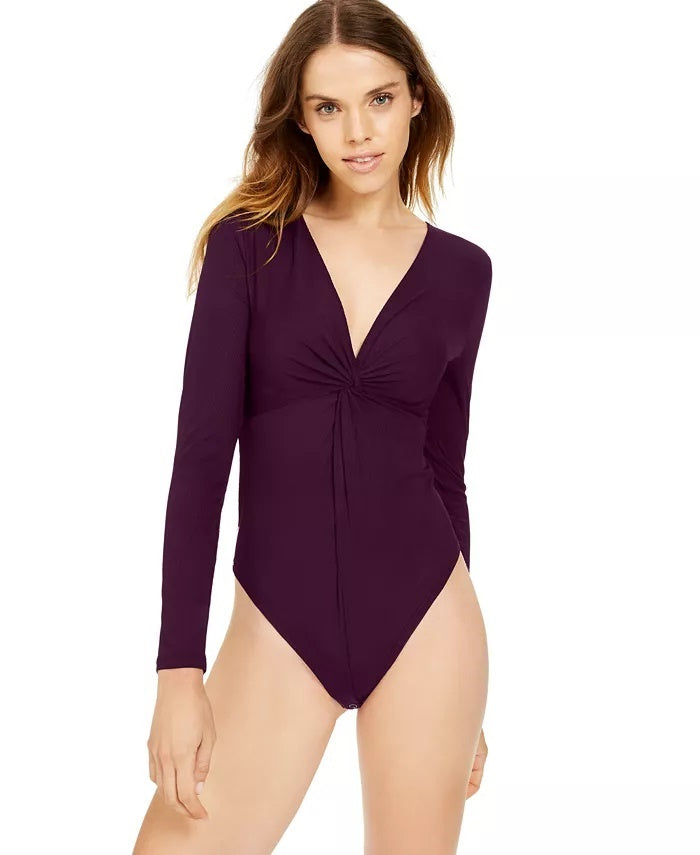 Bar III Women's Burgundy Long Sleeve V Neck Body Suit Top Red Size Large