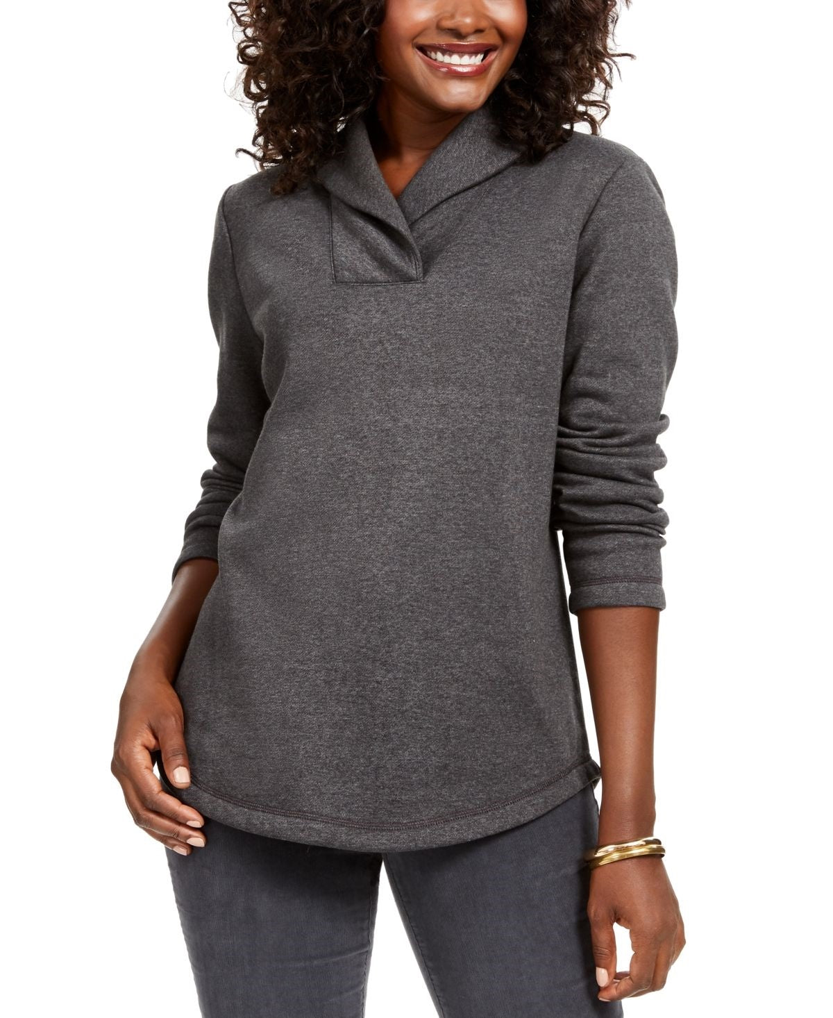 Karen Scott Women's Sport Shawl-Collar Fleece Pullover Charcoal Size Extra Small