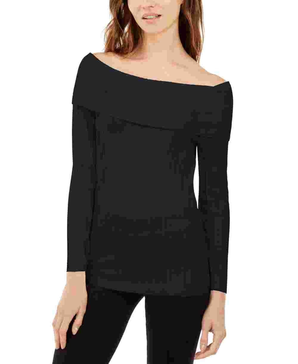 INC International Concepts Women's Off The Shoulder Ribbed Sweater Black Size X-Small