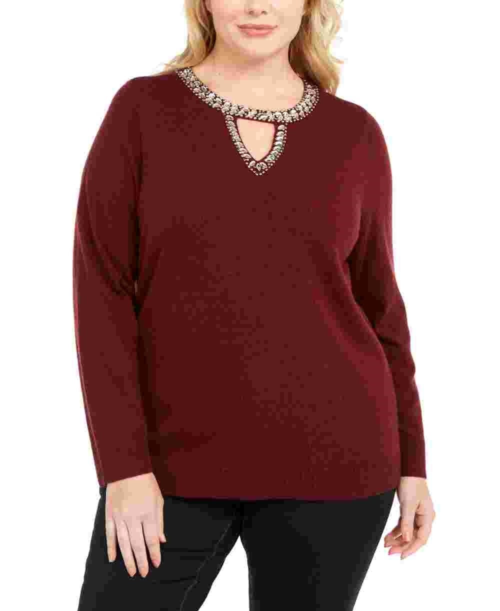 INC International Concepts Women's Plus Size Keyhole Sweater Red Size 0X
