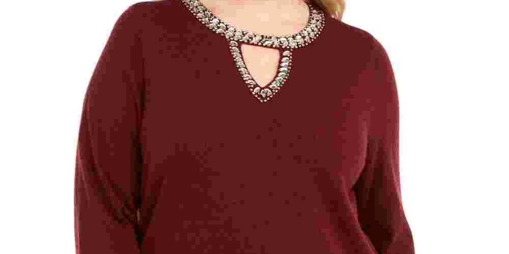 INC International Concepts Women's Plus Size Keyhole Sweater Red Size 0X