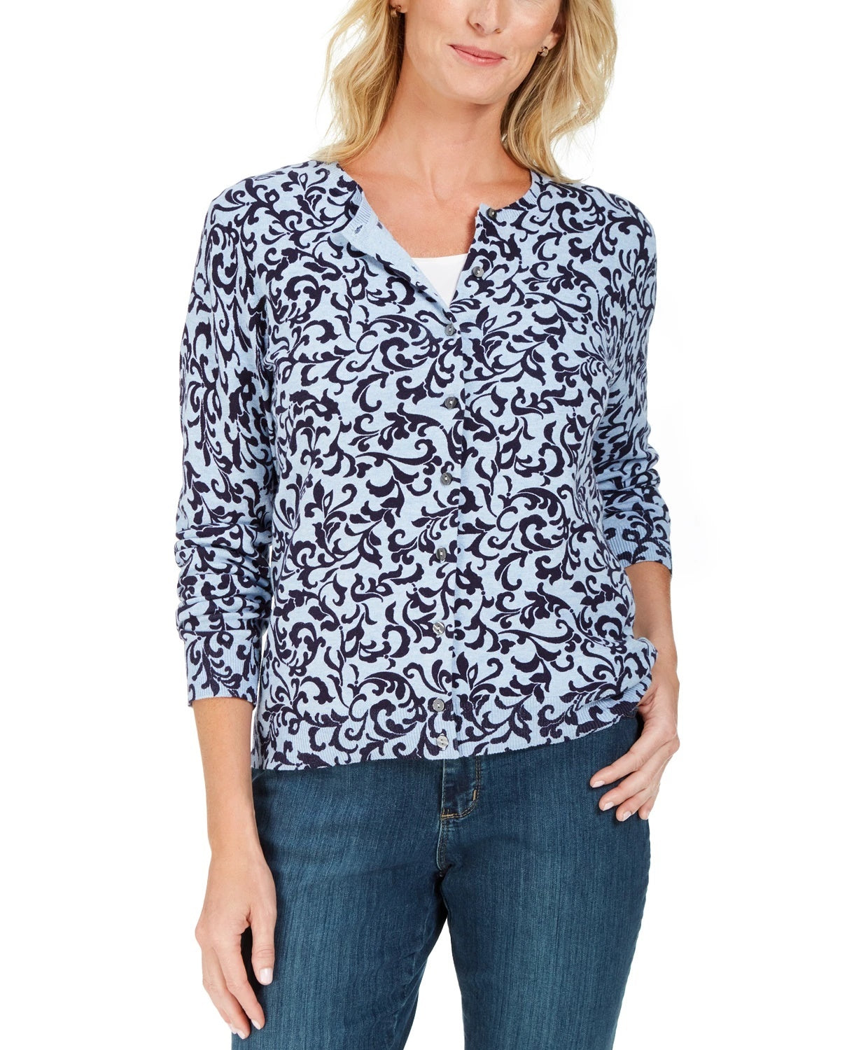 Karen Scott Women's Scroll Print Cardigan Blue Size X-Small
