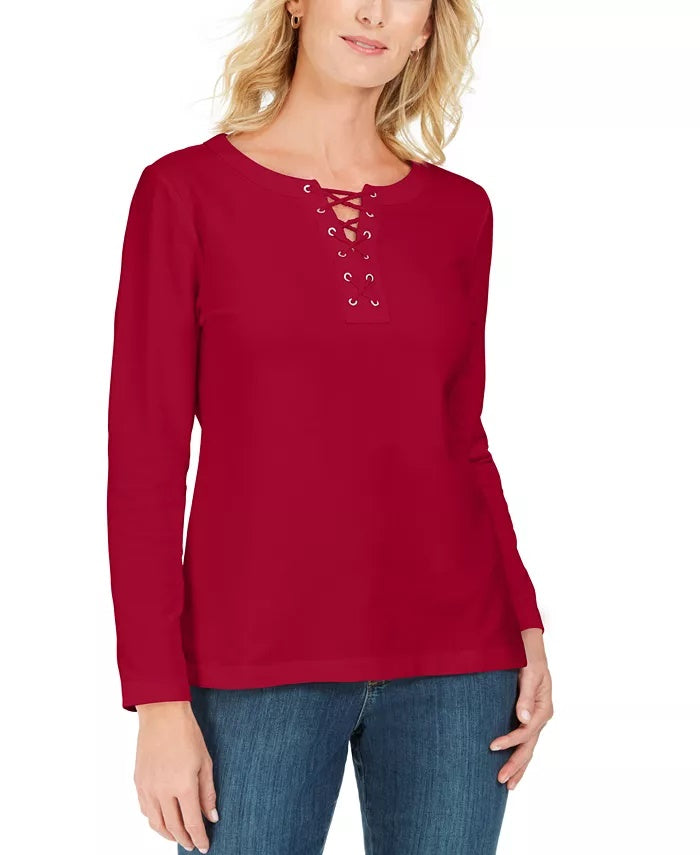 Karen Scott Women's Lace Up French Terry Sweatshirt Red Size XX-Large
