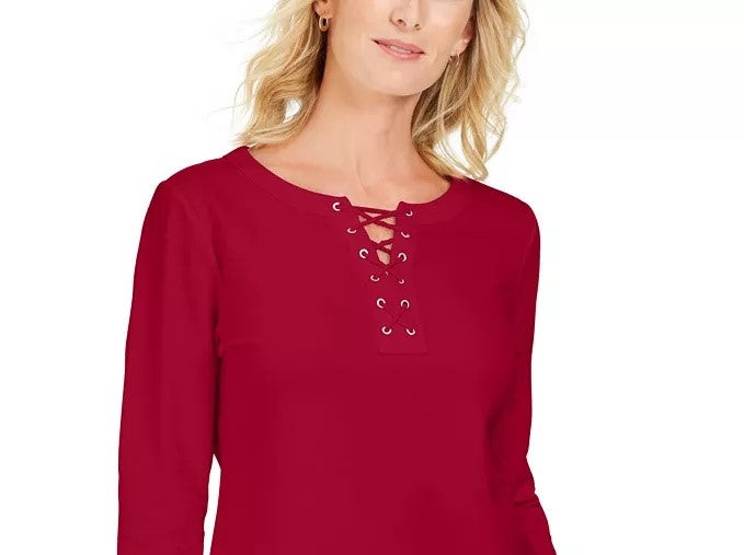 Karen Scott Women's Lace Up French Terry Sweatshirt Red Size XX-Large
