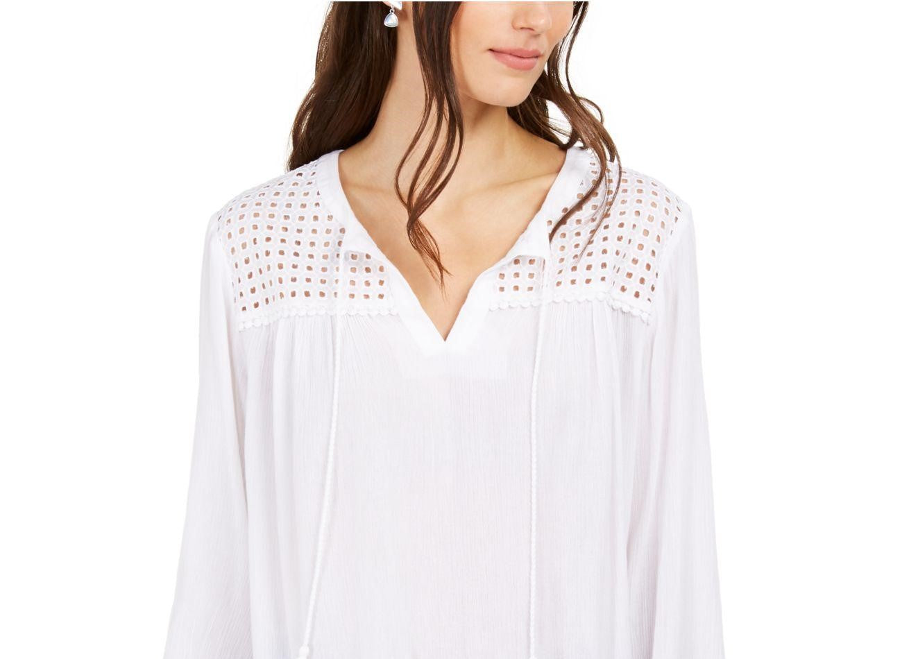 Charter Club Women's Tassel Tie Eyelet Linen Top White Size Medium