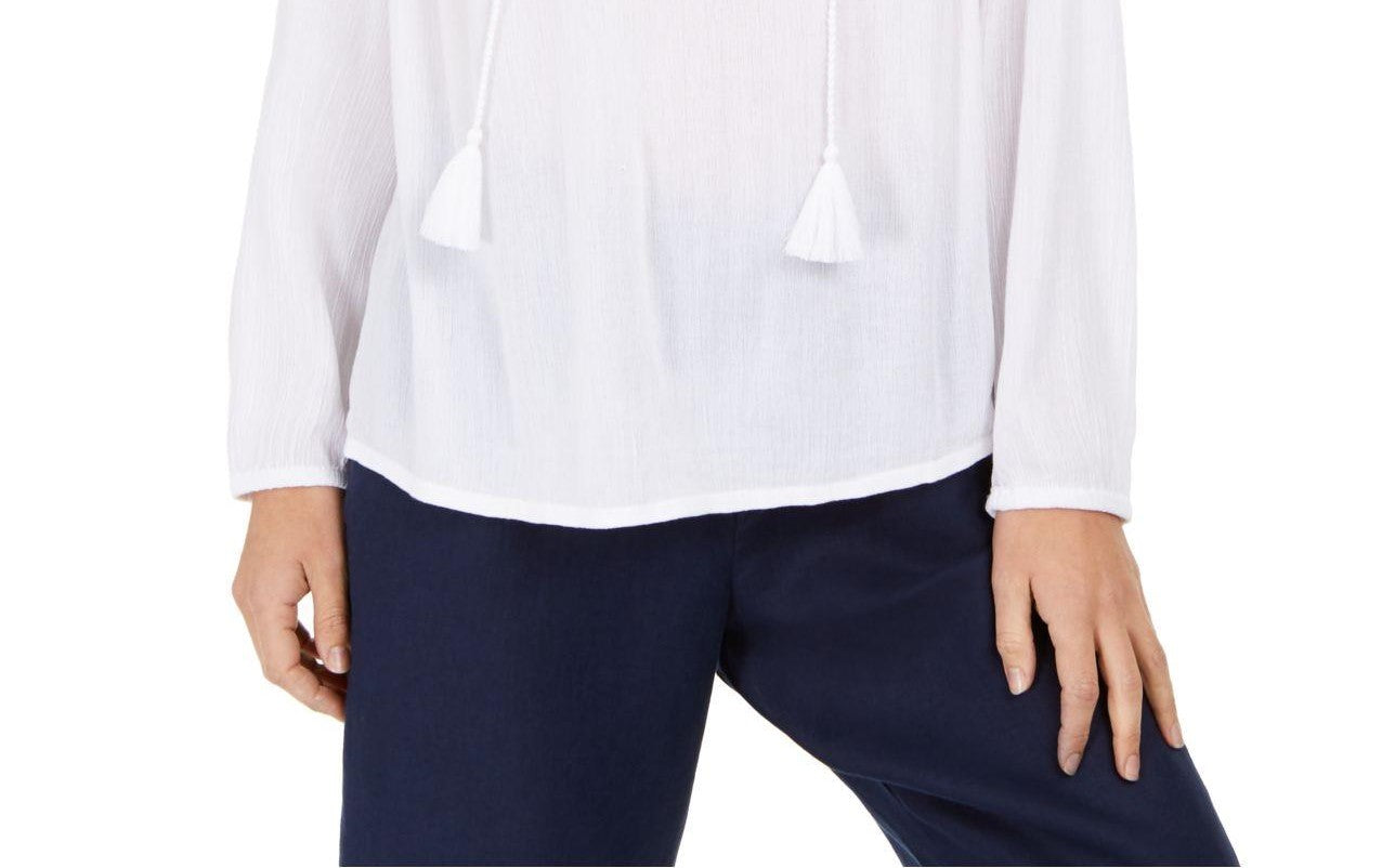 Charter Club Women's Tassel Tie Eyelet Linen Top White Size Medium