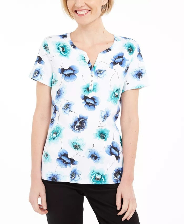 Karen Scott Women's Printed Henley Top White Size Medium