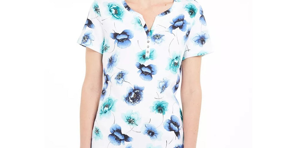 Karen Scott Women's Printed Henley Top White Size Medium