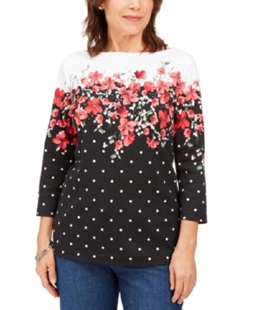 Karen Scott Women's Emily Printed Boat-Neck Top Black Size Medium