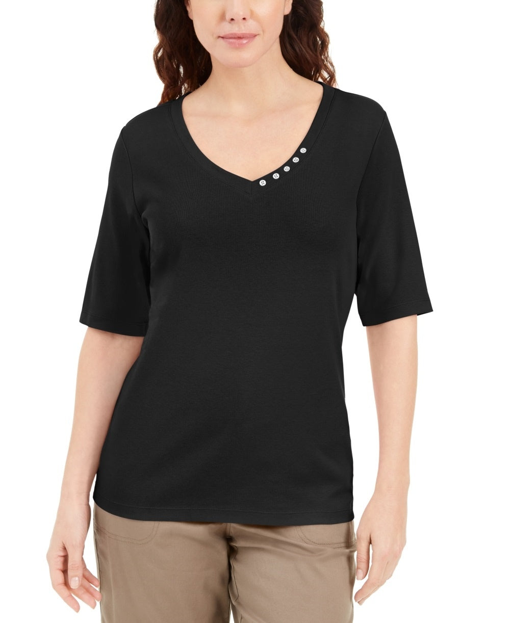 Karen Scott Women's Button Detail V Neck Top Black Size Small
