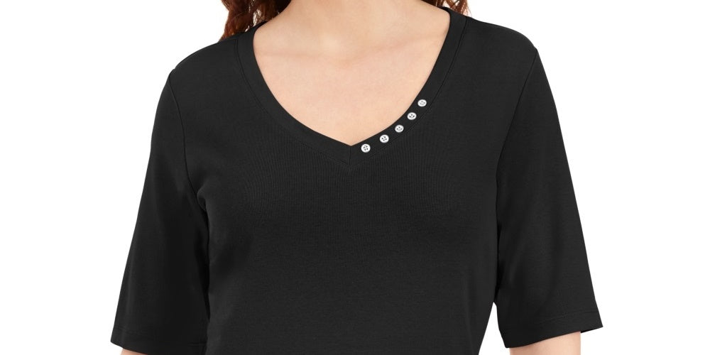 Karen Scott Women's Button Detail V Neck Top Black Size Small