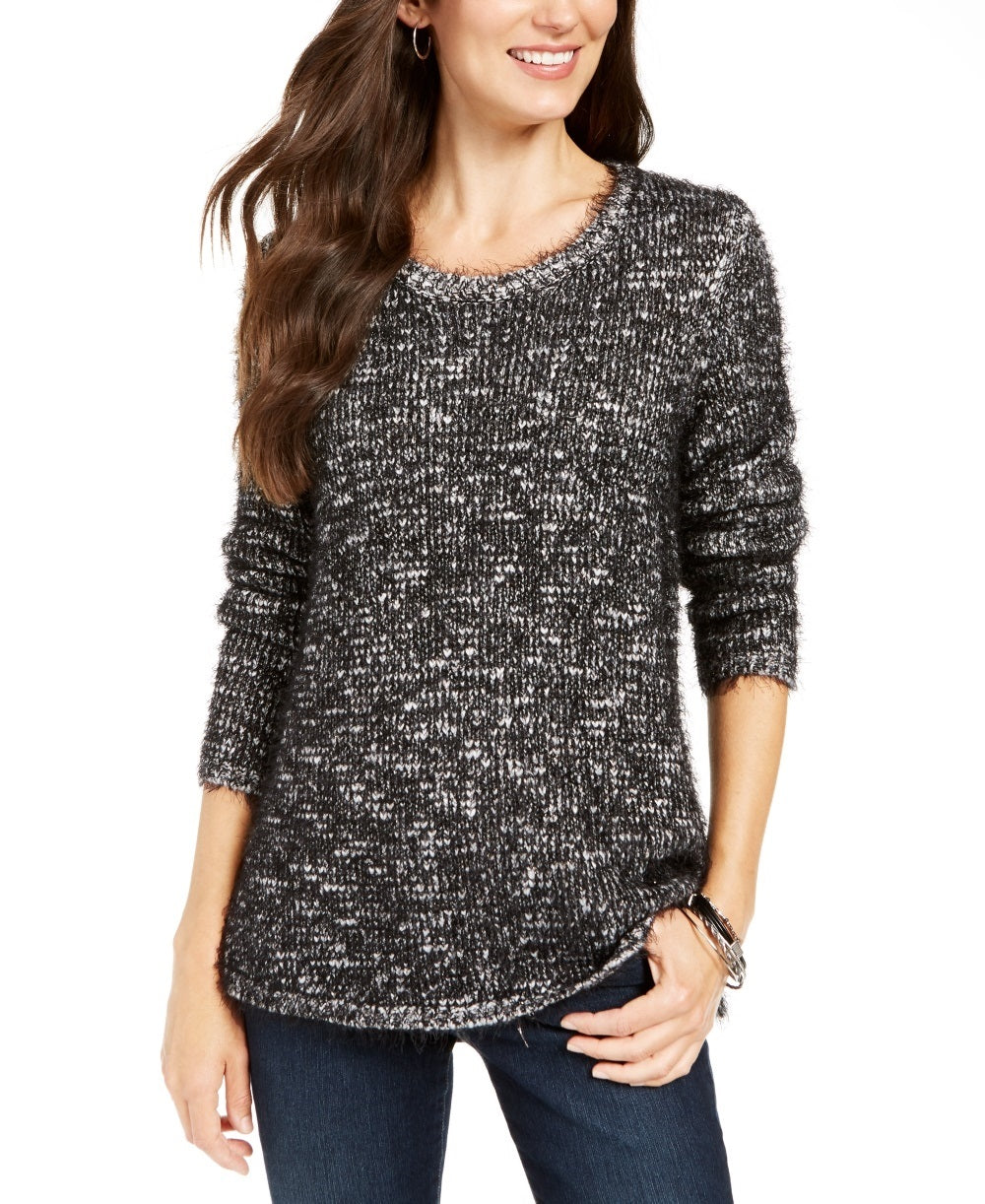 Style & Co Women's Petite Marled Eyelash Sweater Black Size Petite Petite