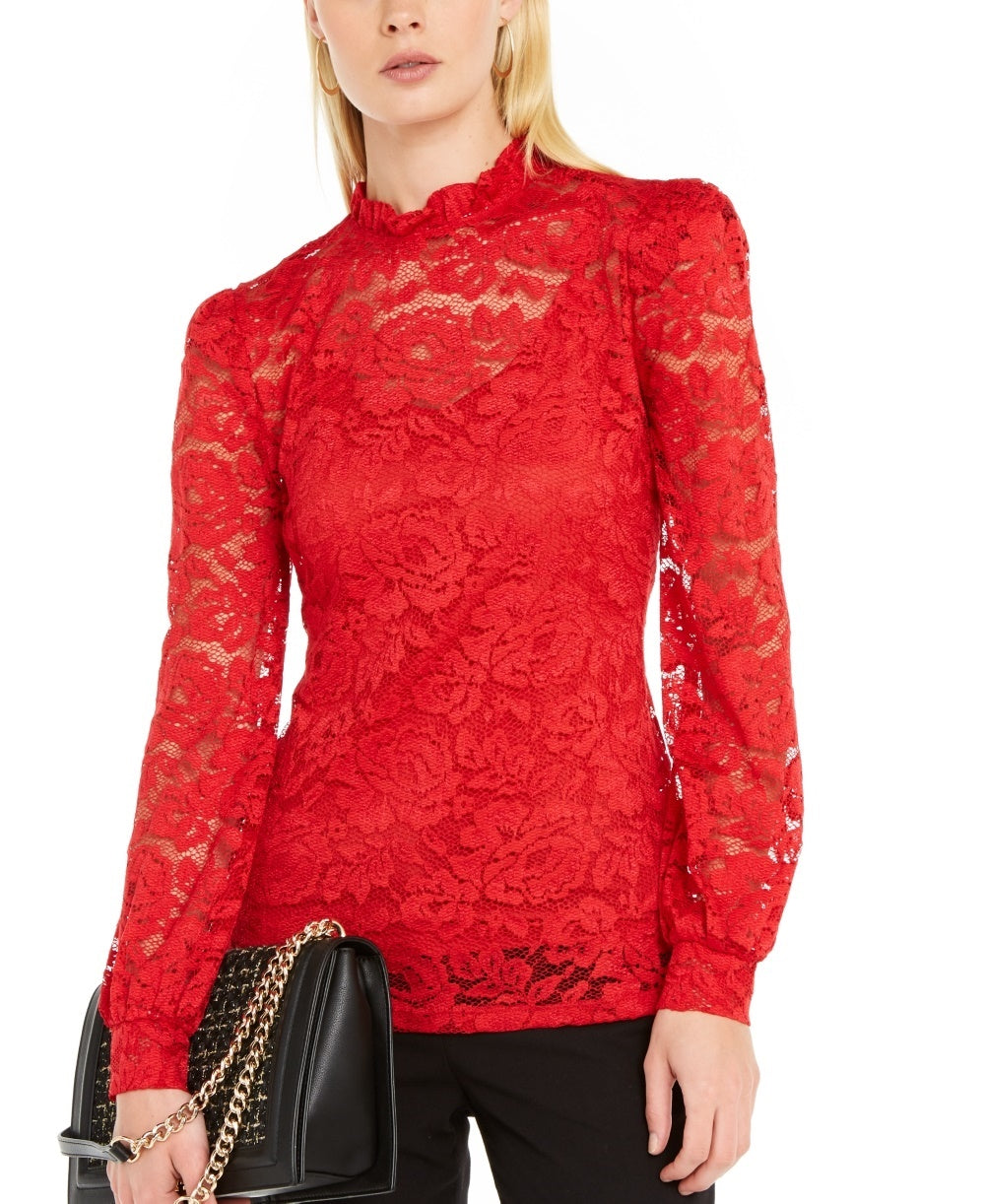 INC International Concepts Women's Lace Long Sleeve Mock Blouse Top Red Size Medium