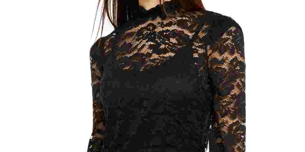 INC International Concepts Women's Petite Lace Mockneck Top Black Size Petite Large