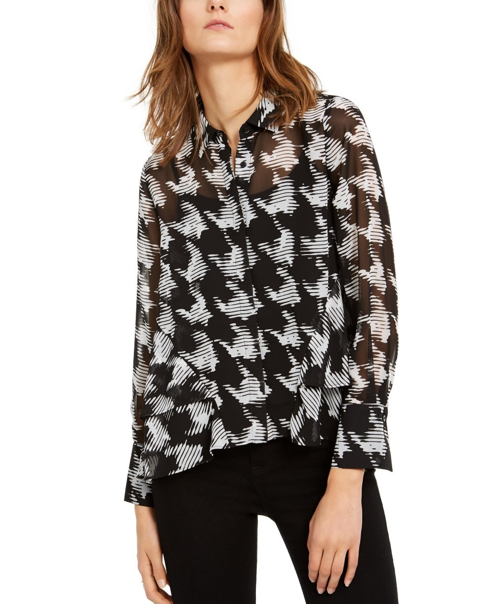 INC International Concepts Women's Houndstooth Shirt Black Size X-Small