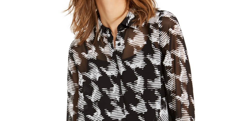 INC International Concepts Women's Houndstooth Shirt Black Size X-Small