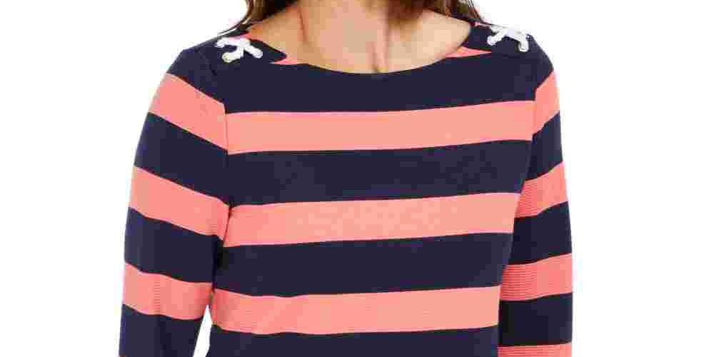 Charter Club Women's Grommet Trim Striped Top Red Size Medium