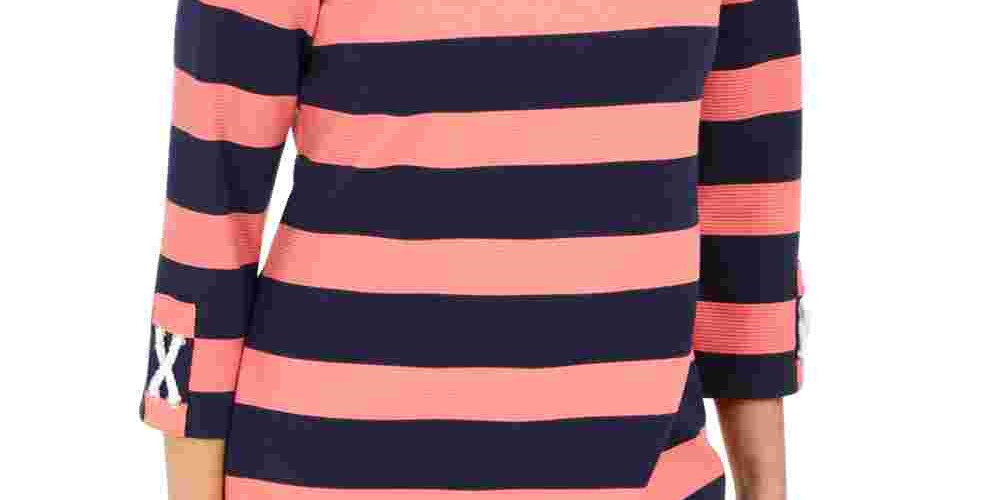 Charter Club Women's Grommet Trim Striped Top Red Size Medium