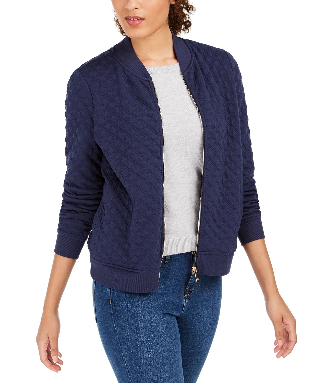Charter Club Women's Textured Knit Bomber Jacket Blue Size X-Small