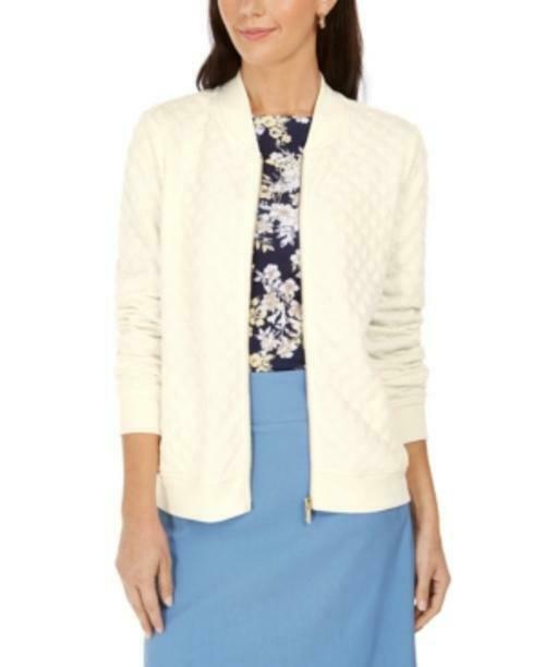 Charter Club Women's Textured Knit Bomber Jacket White Size Small