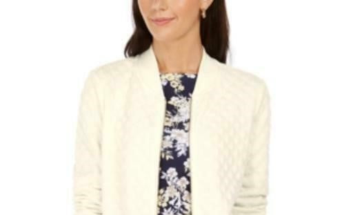 Charter Club Women's Textured Knit Bomber Jacket White Size Small