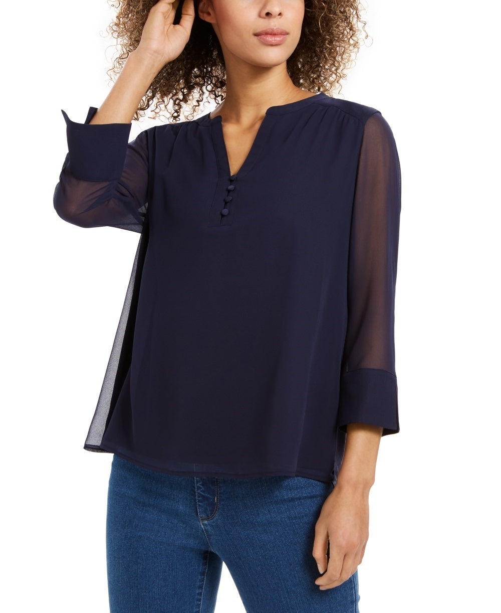 Charter Club Women's Sheer-Sleeve Top Blue Size X-Small