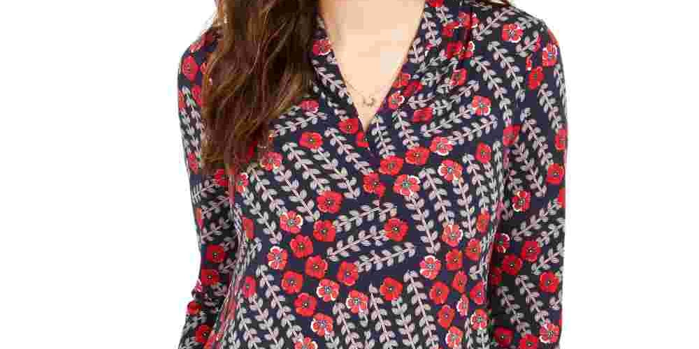 Charter Club Women's Printed V Neck Top Blue Size Small