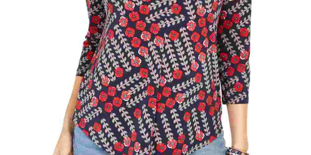 Charter Club Women's Printed V Neck Top Blue Size Small