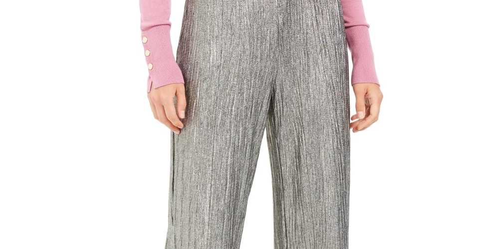 JM Collection Women's Metallic Crinkle Pants Yellow -Size Medium